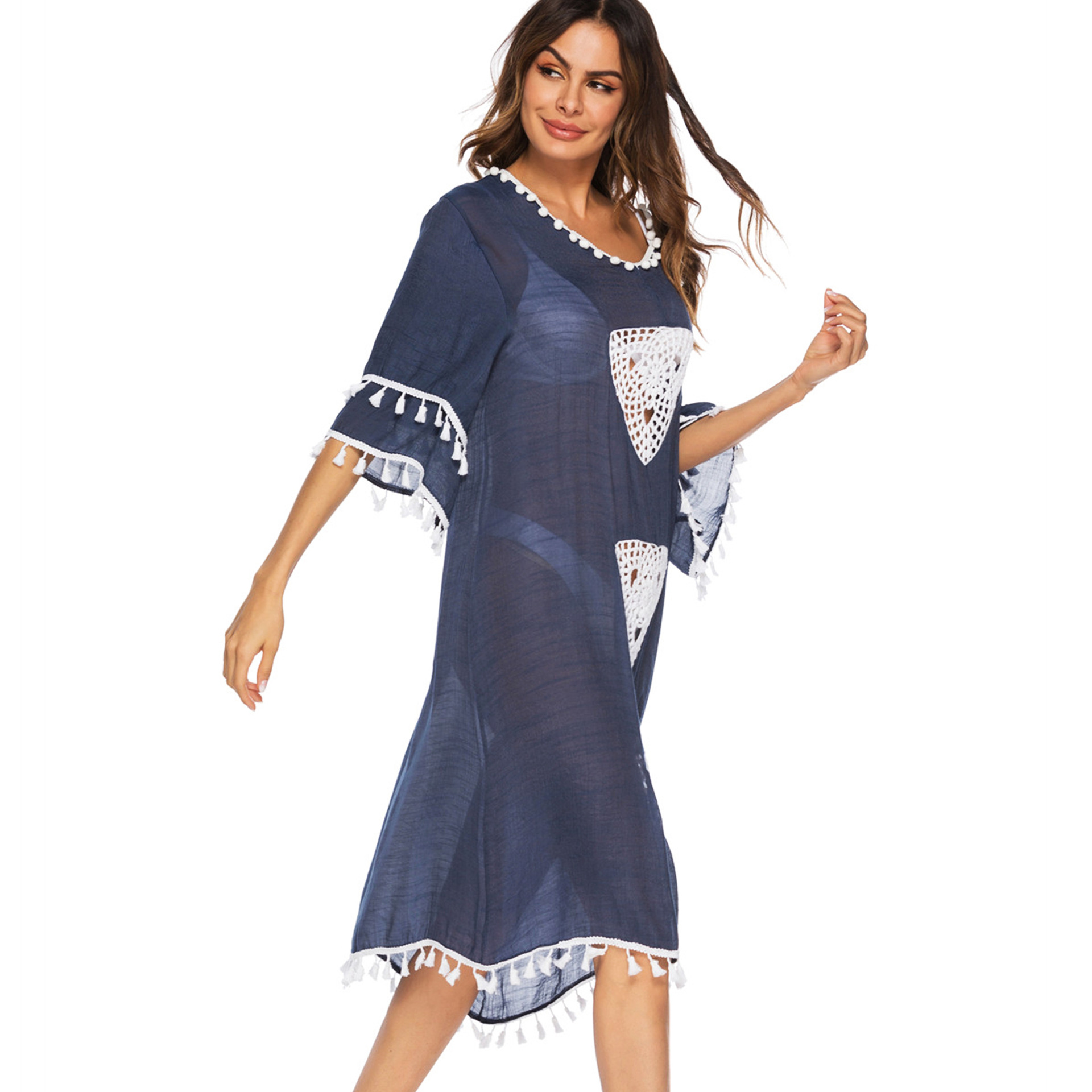 Womens Crochet Floral Patchwork Tassel Irregular Midi Beach Cover Up Dress Lightweight Bohemian Style Summer Wear
