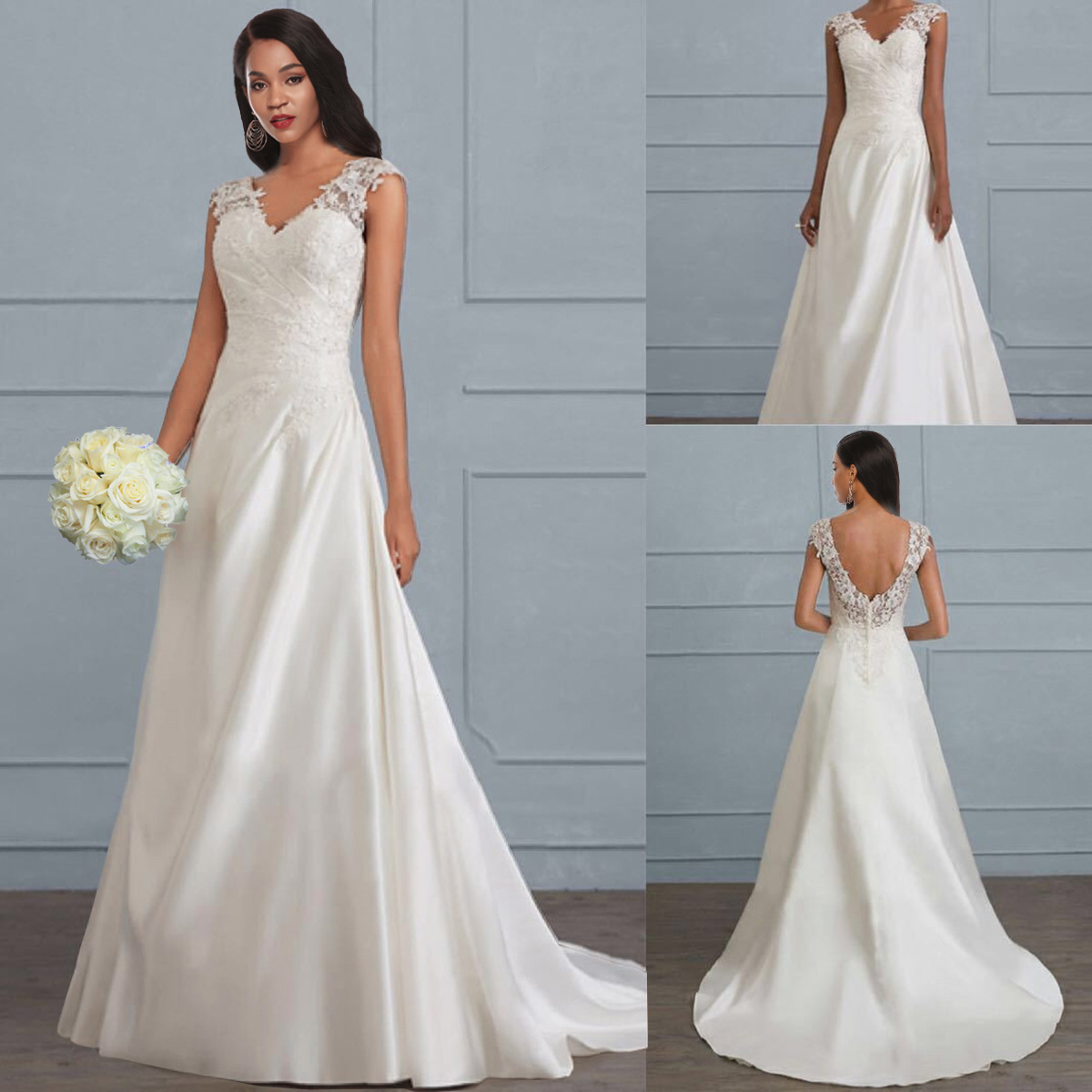 Lace Trimmed Backless Maxi Dress Solid Color Sleeveless Hollow Out Design Elegant Cocktail or Wedding Gown
