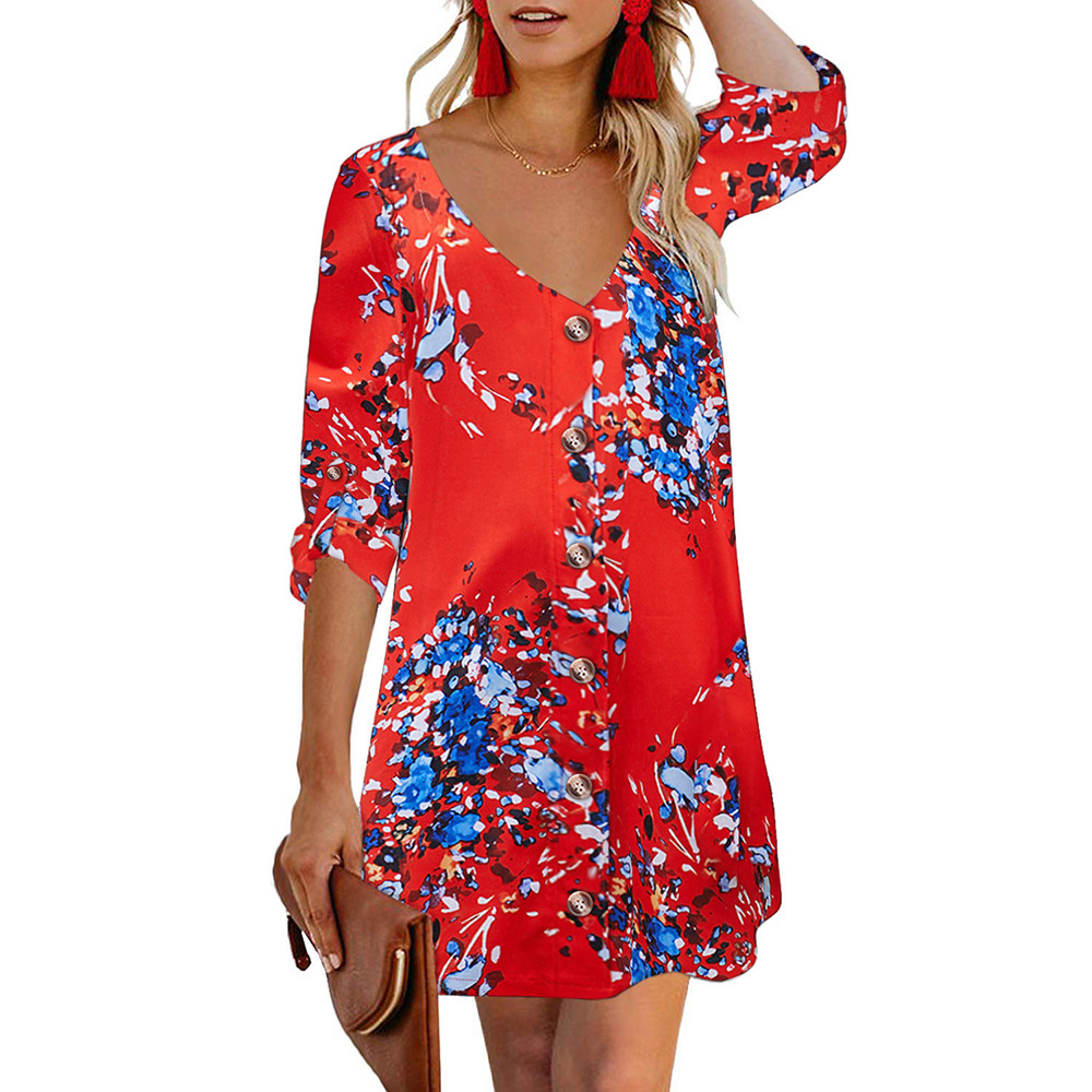 Floral Print Midi Dress for Women Plus Size Casual Three Quarter Sleeve V Neck Autumn Collection Wholesale