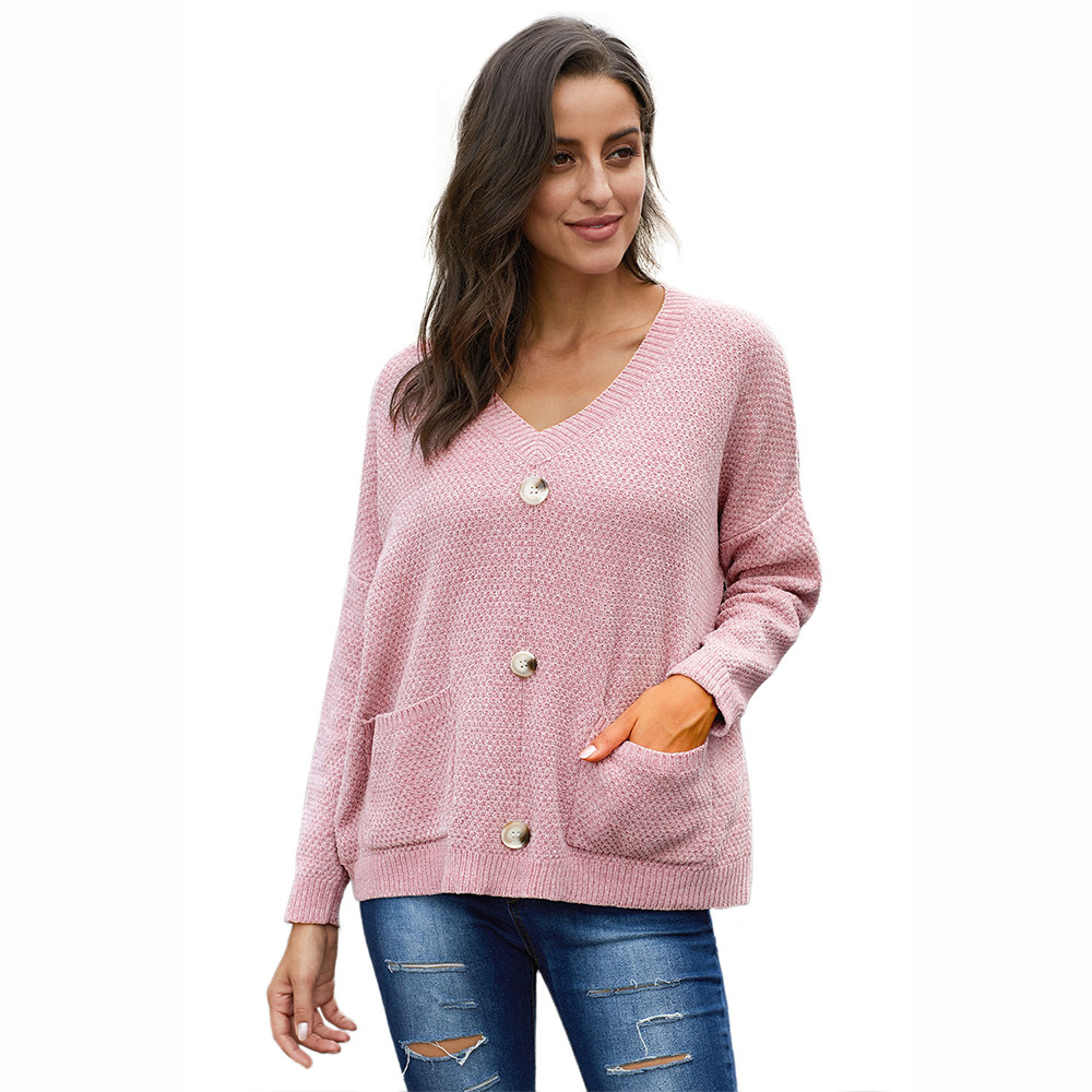 Womens V Neck Knit Sweater Loose Fit Long Sleeve Solid Color Casual Autumn Winter Wear Wholesale Available