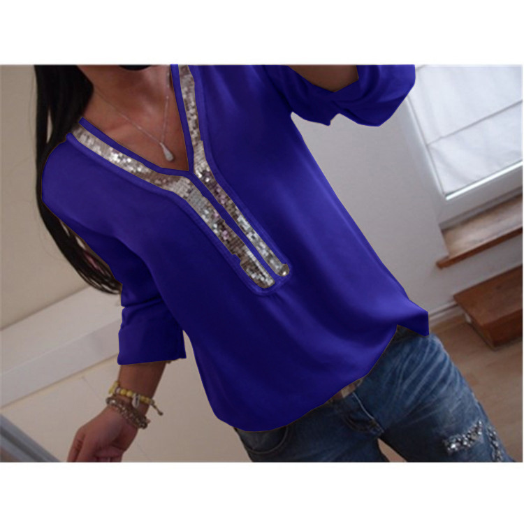 Casual Womens T Shirt Solid Color V Neck Sequin Detail Long Sleeve Plus Size Everyday Wear Wholesale Available