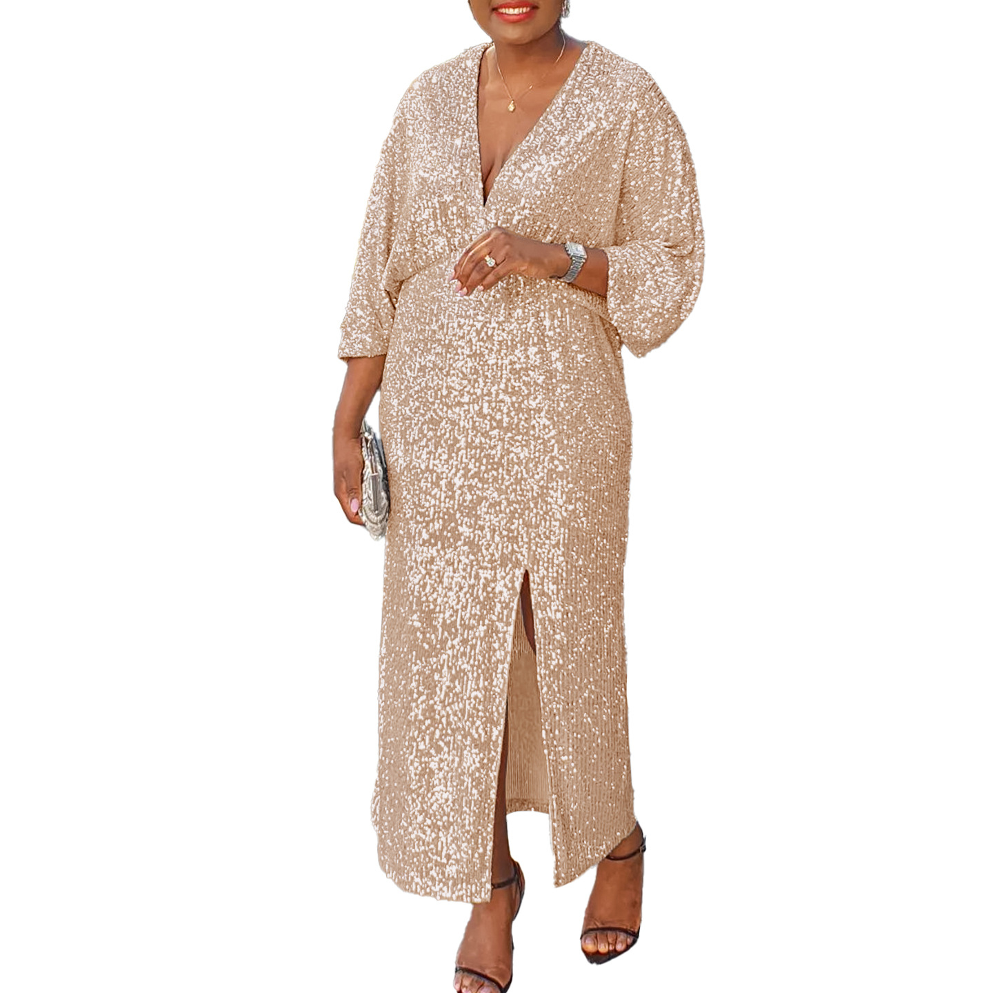 D3308 Plus Size Women's Autumn New Loose V Neck Fashion Sequined Split Long Dress African Plus Size Dress