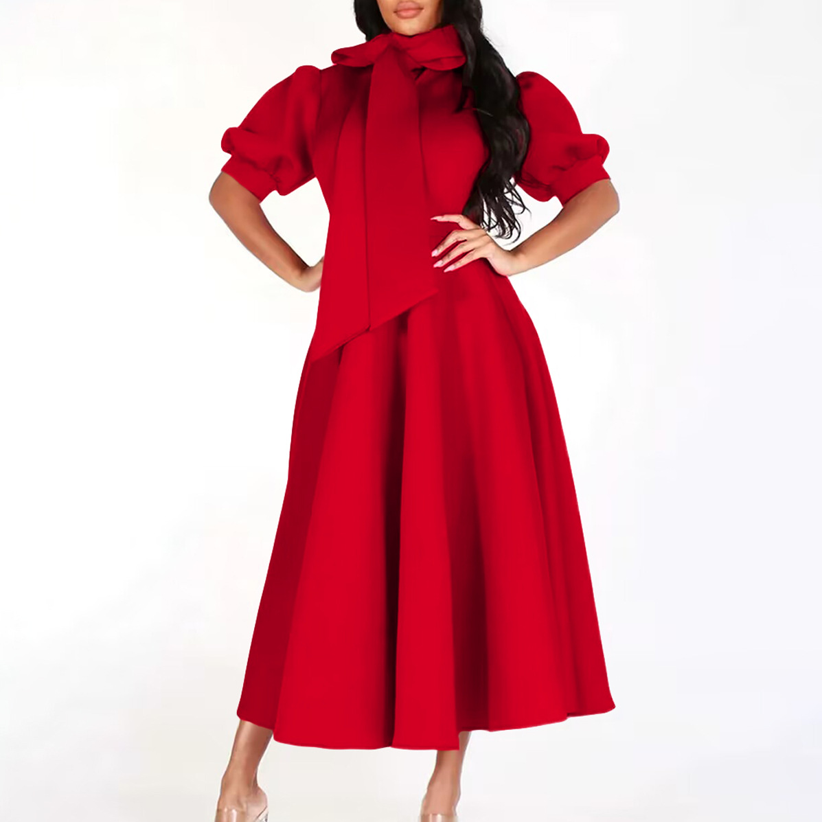 Elegant Solid Color Puff Sleeve Long Dress with Waist Tie for Spring and Summer, Perfect for Cross Border Fashion in Europe an
