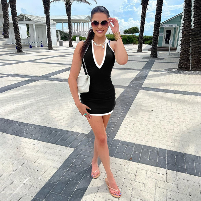 European and American Summer Women's Fashion Sexy Halter Backless Slim Fit Bodycon Short Skirt Dress