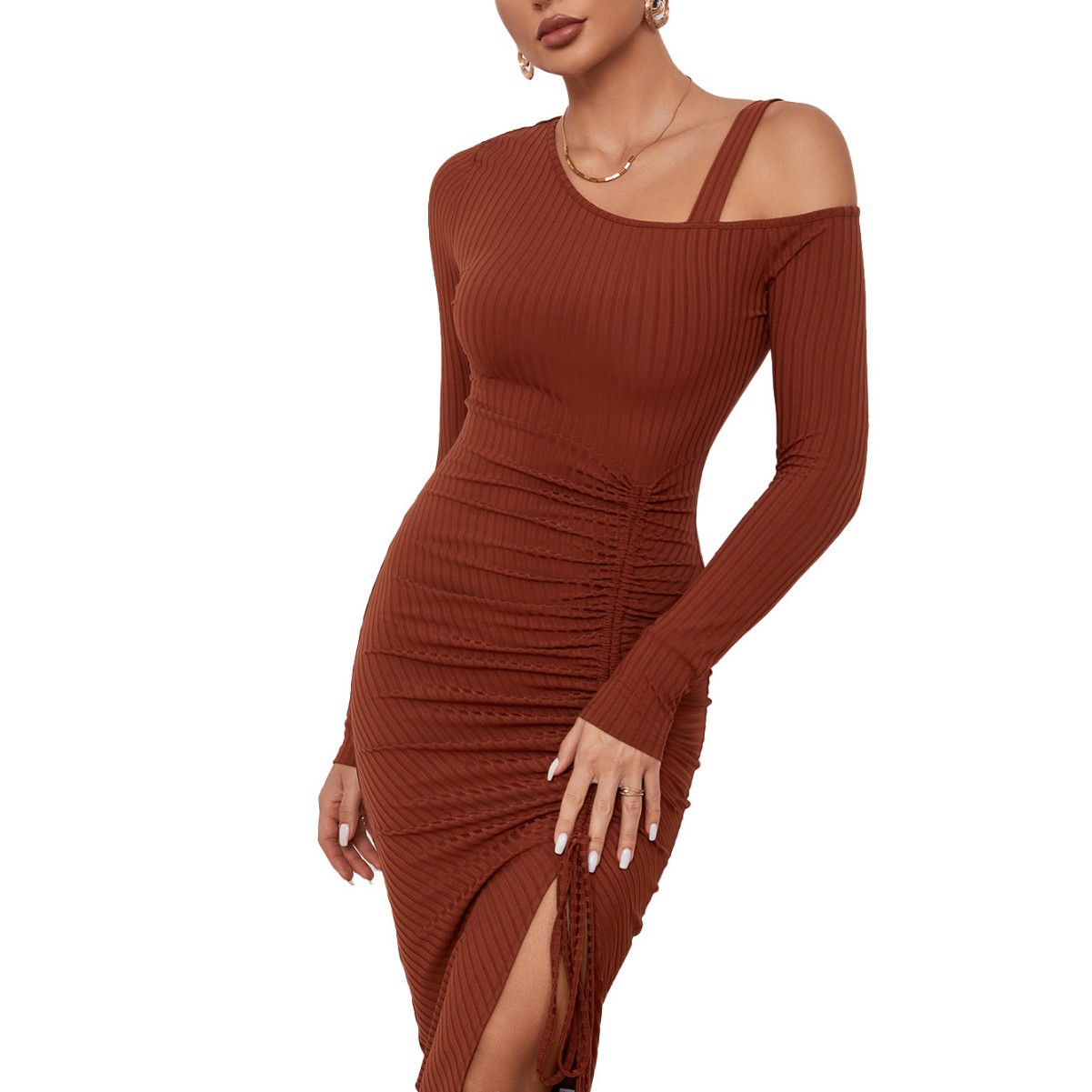 European and American Style Women's Dress with Drawstring, Slit, Off Shoulder, Autumn and Winter, Bodycon, Long Sleeve