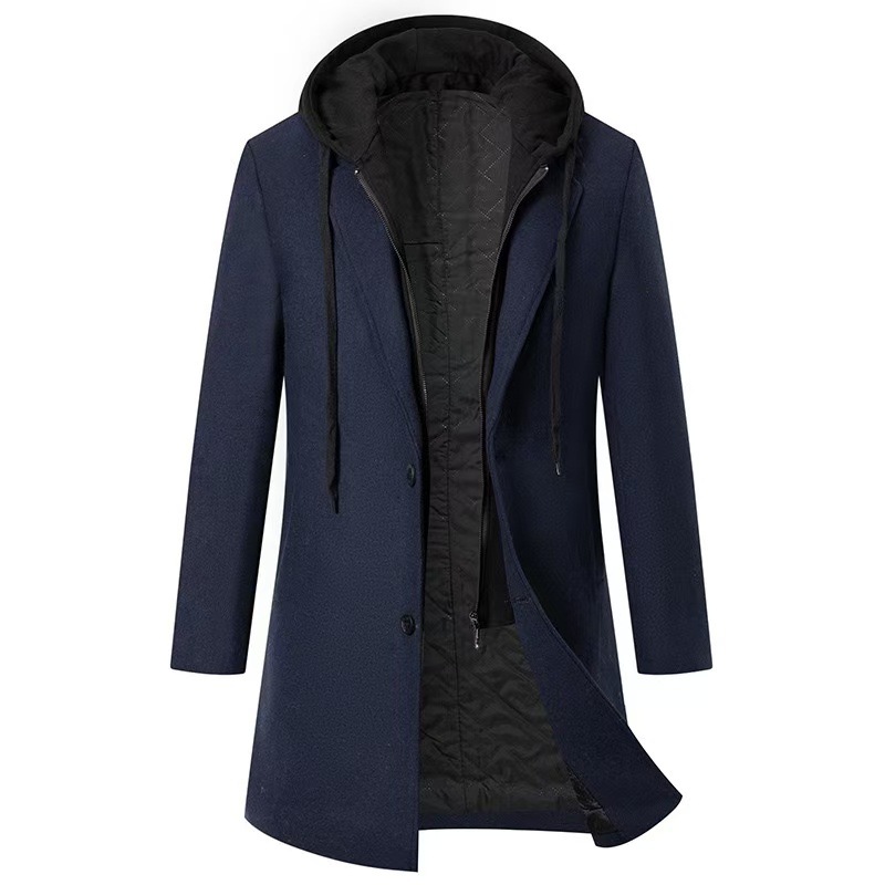New Men's Korean Style Casual Woolen Coat Mid length with Detachable Hood Trendy Jacket