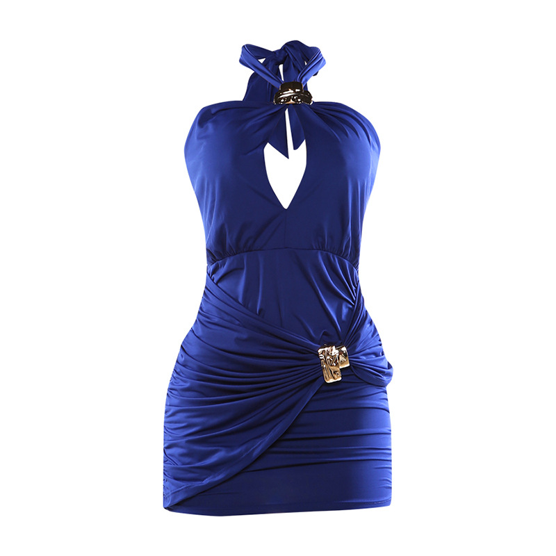 European and American Cross border New Autumn Winter Women's Fashion Halter Neck Metal Buckle Spliced Solid Color Pleated Sexy Bodycon Dress