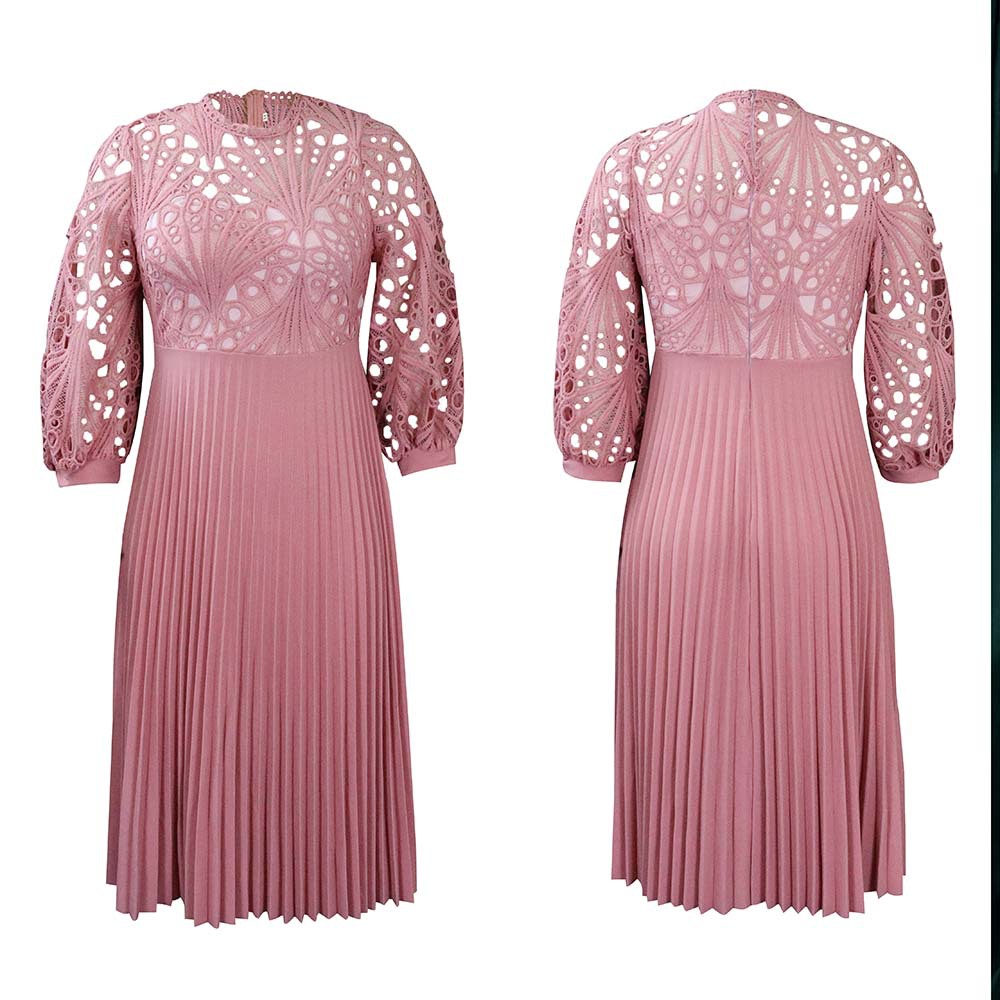 European and American Women's Clothing Summer New Elegant Lace Splicing Pleated Hollow Sexy Plus Size Foreign Trade African Dres