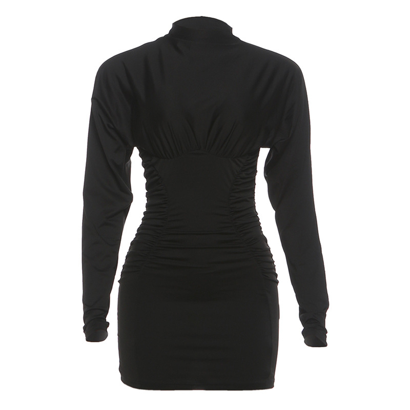 European and American Cross border Autumn and Winter New Women's Fashion Long Sleeve Round Neck Solid Color Pleated Sexy Waist Slim Bodycon Dress