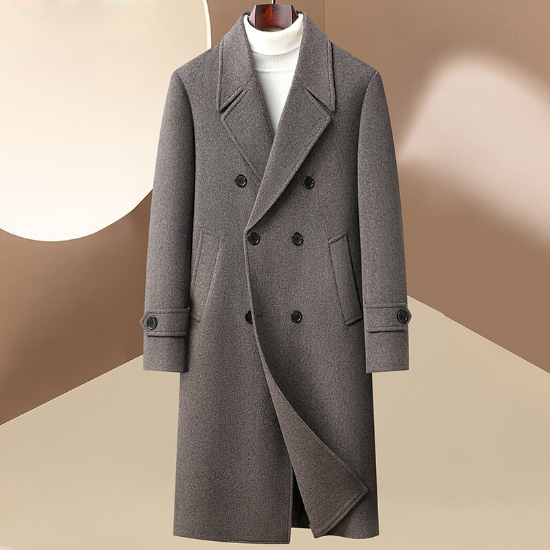Mens Wool Blend Double Breasted Overcoat Stylish Long Casual Suit Jacket Perfect for Middle Aged Wear Wholesale