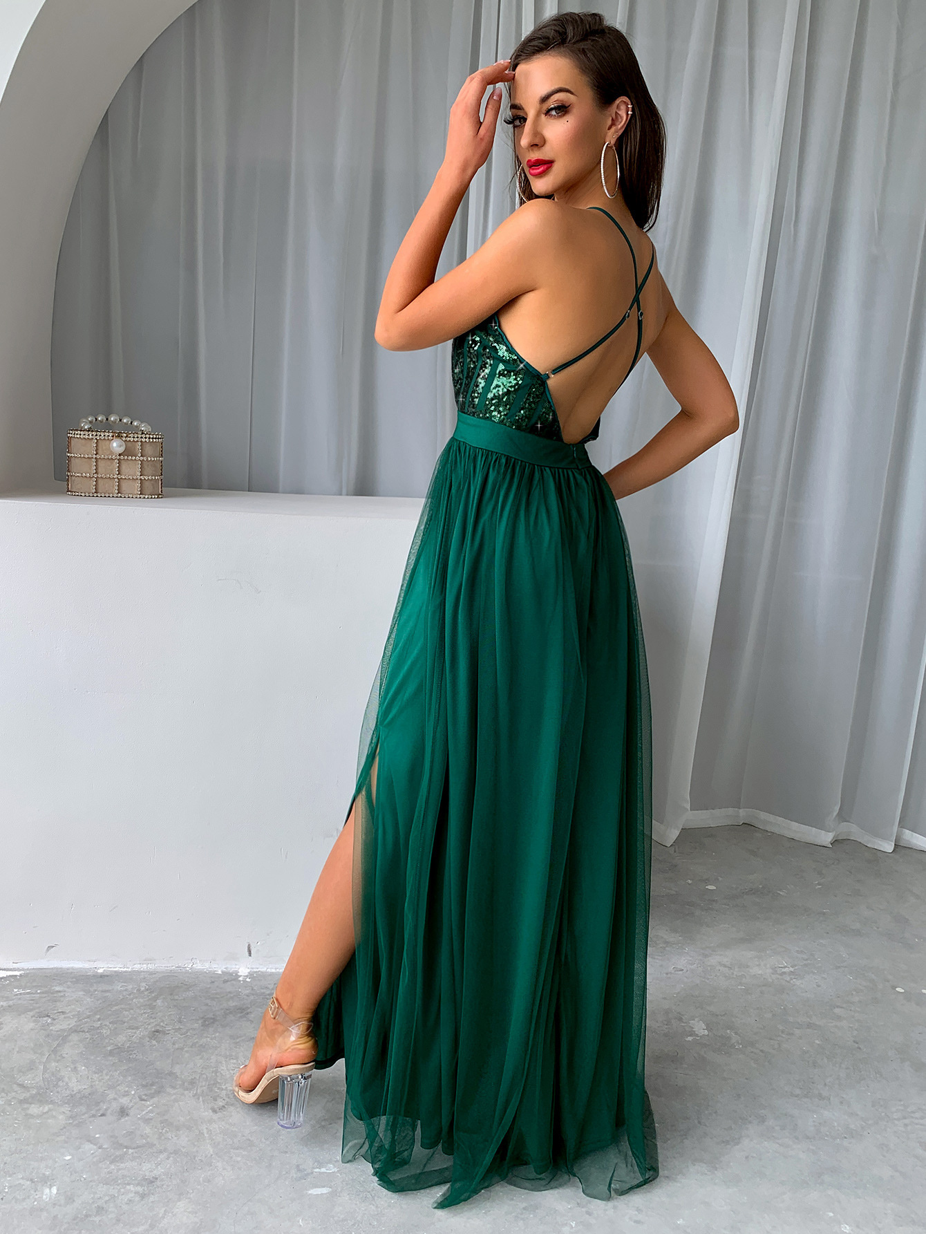 Summer Womens Dress Sexy Spaghetti Strap Mesh Sequin Patchwork High Slit Flared Hem Evening Gown Wholesale