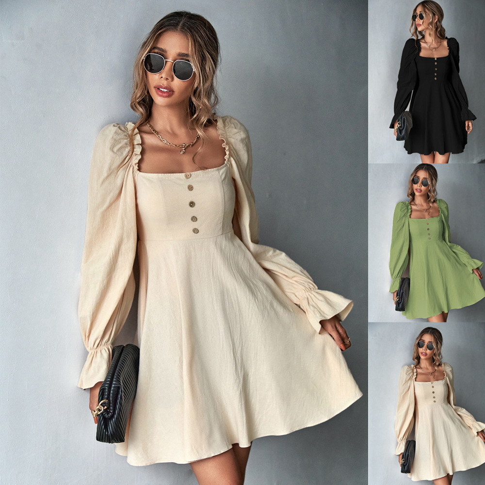 Cross border European and American Women's Dress with Puff Sleeves, Square Neck, Waist Slimming, Long Sleeve, French Style A lin