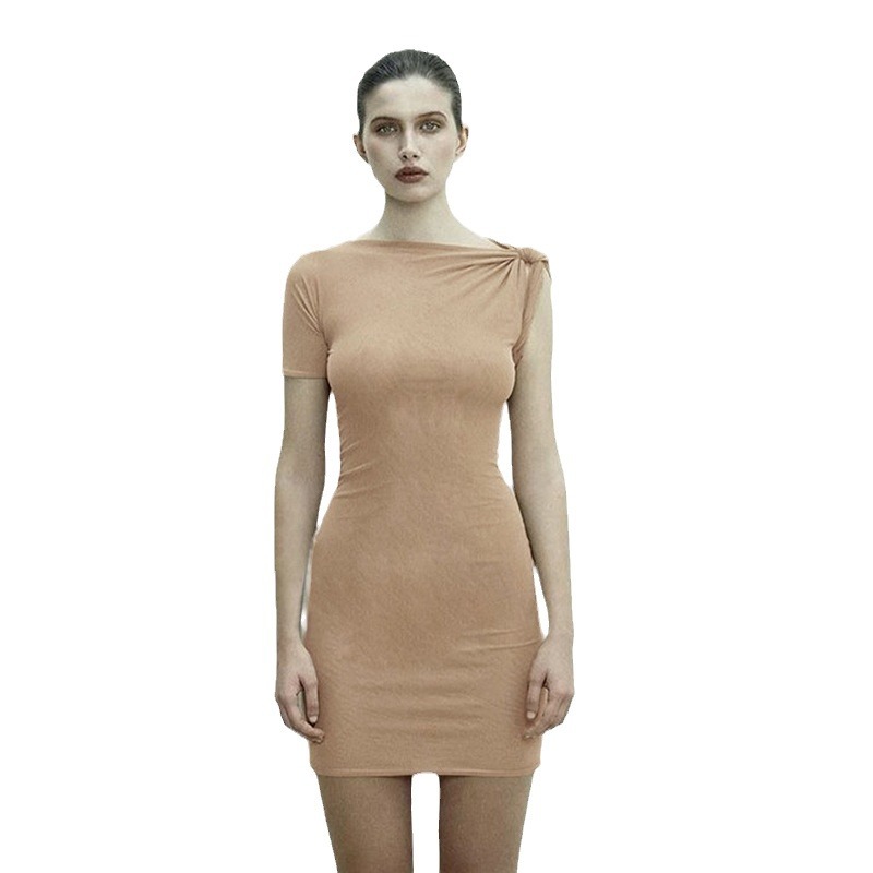 European and American Style Spring Summer Women's New Street Fashion One Shoulder Short Sleeve Solid Color Slim Sexy Bodycon Dress