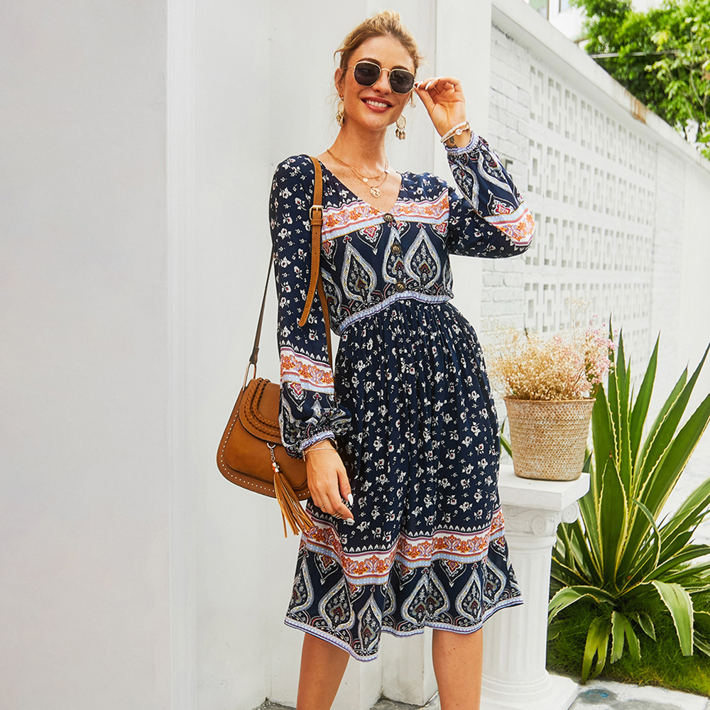 Bohemian Floral Print Maxi Dress Long Sleeve Original Design Summer Vacation Style Wholesale Available