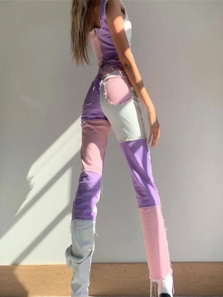 High Waisted Color Block Denim Jeans for Women Stylish Design Comfortable Fit Versatile for Casual Wear Wholesale