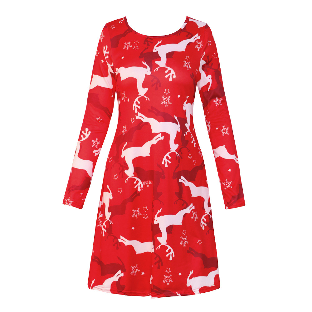 Printed Long Sleeve A Line Dress Mid Waist Family Matching Autumn Winter Style Perfect for Christmas Celebrations
