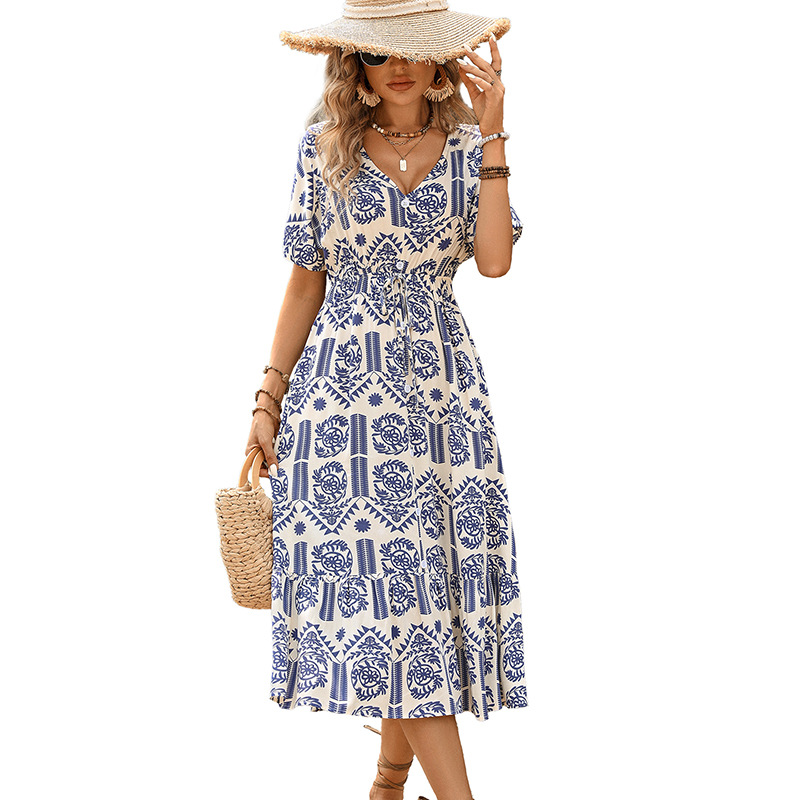 Summer New Casual Vacation Short Sleeve V Neck Ethnic Style Printed Dress