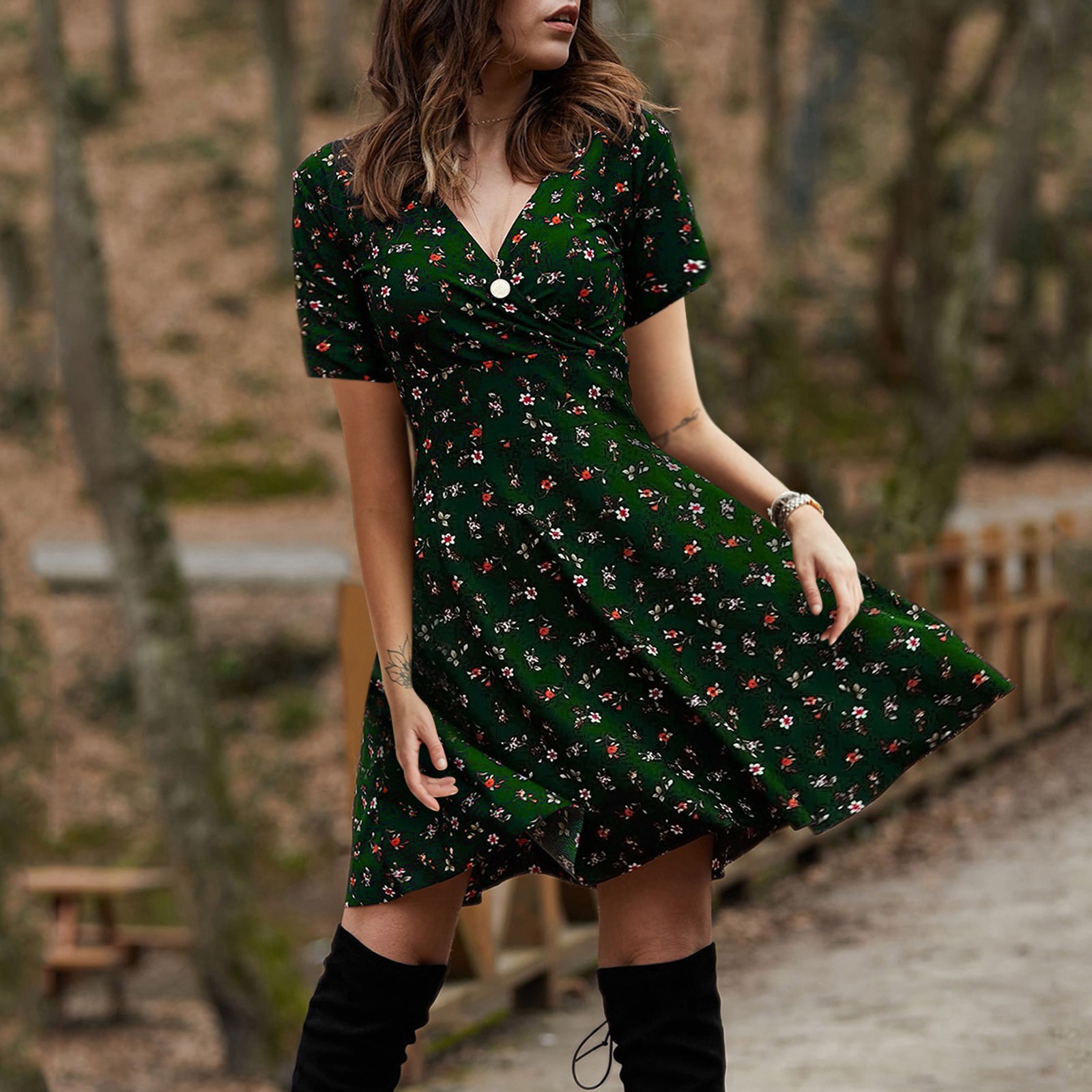 Womens Vintage Floral Maxi Dress Elegant V Neck Short Sleeve Flared Silhouette Casual Summer Wear Wholesale