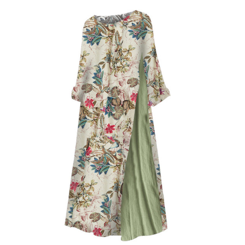 Fashionable Womens Dress 3 4 Sleeve Round Neck Cotton Linen Blend Floral Print Casual Wear Wholesale Available