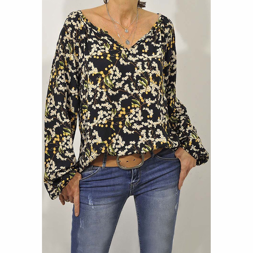 Vintage Floral Print Womens Loose Fit V Neck Long Sleeve Top Autumn Style Casual Wear Wholesale Available