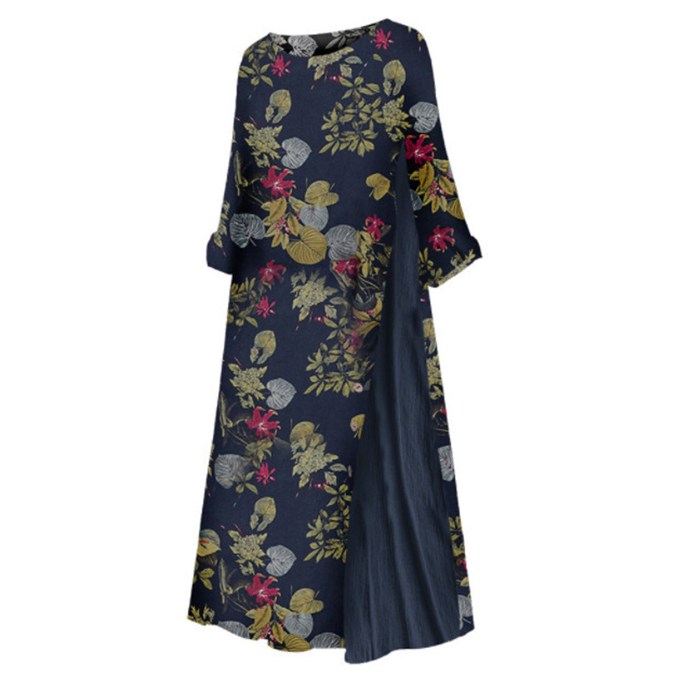 Fashionable Womens Dress 3 4 Sleeve Round Neck Cotton Linen Blend Floral Print Casual Wear Wholesale Available