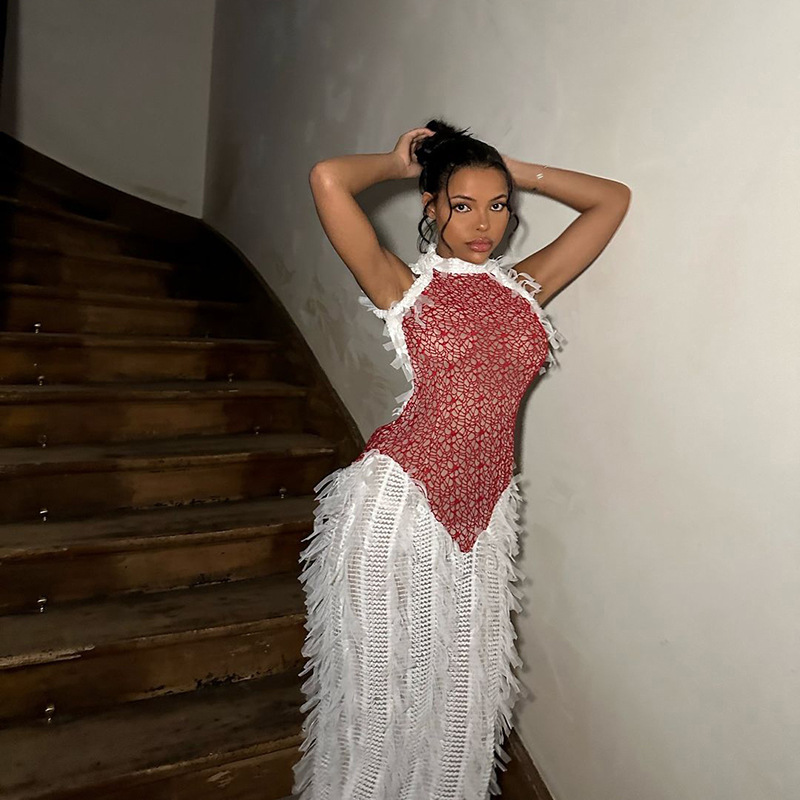 European and American Style Summer Women's New Fashion Personality Sleeveless Spliced Backless Fringed Sheer Long Dress