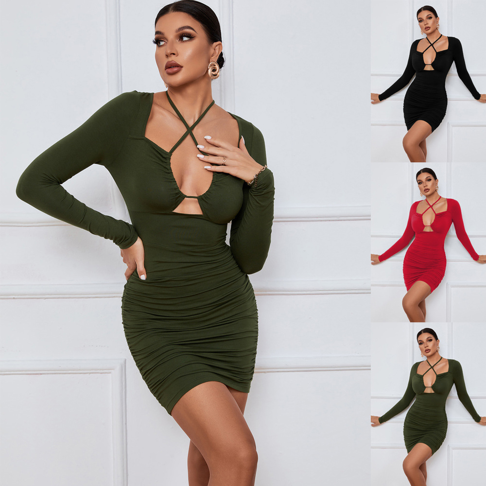 Sexy Hollow Out Tie Waist Slim Fit Short Bodycon Dress with Long Sleeves
