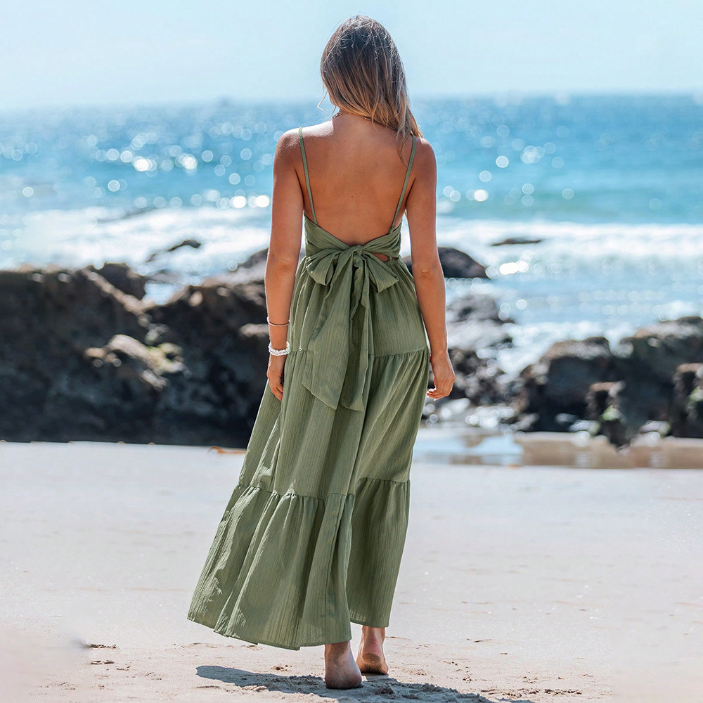 New Green Backless Tie Vacation Style Beach Maxi Dress
