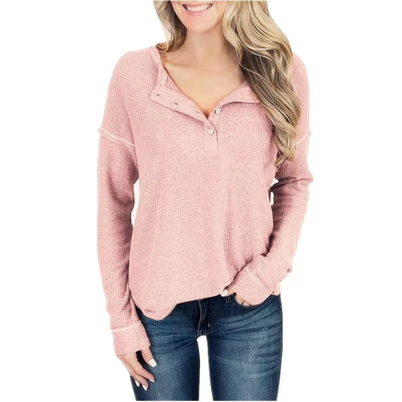 Waffle Knit Long Sleeve T Shirt for Women V Neck Button Detail Casual Style Wholesale Available