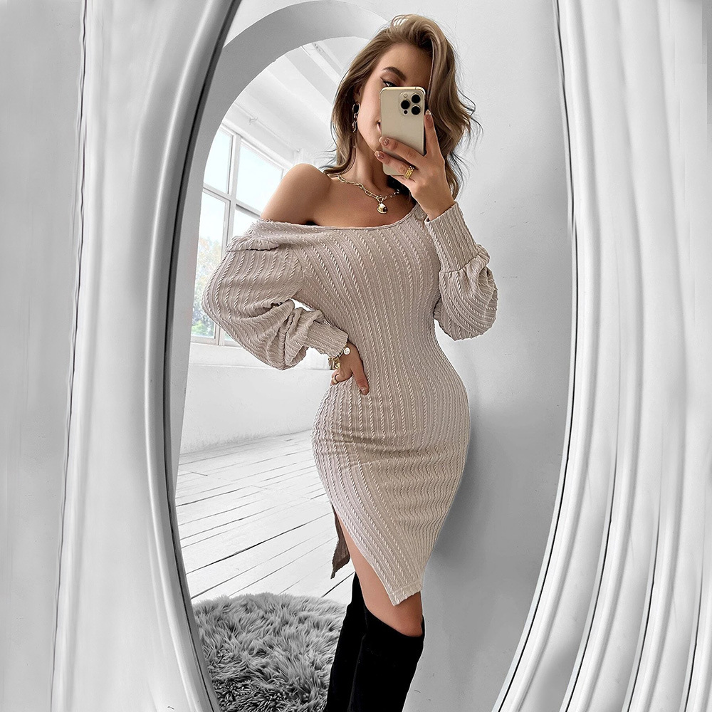 Sexy Backless Lace Splicing Waist Slim Hip Textured Knit Long Sleeve Dress