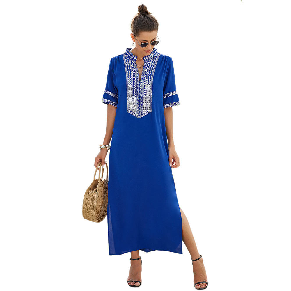 Summer Vacation Midi Dress Loose Fit Short Sleeve V Neck Side Slit Casual Beachwear Wholesale Available