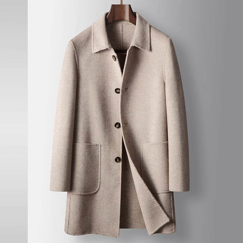 Handmade Double sided Wool Men's Coat Autumn Winter Mid length Youth Luxury Business Wool Overcoat