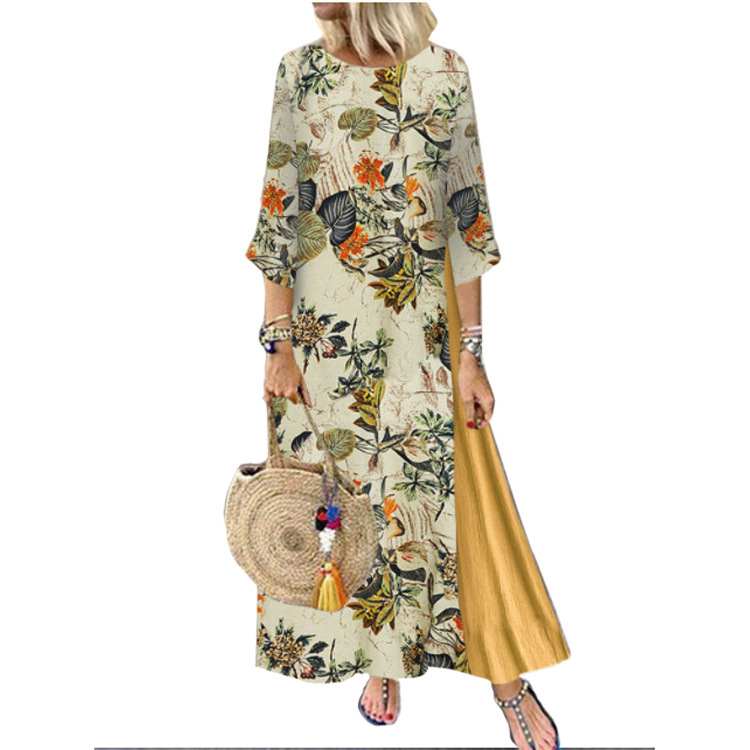 Fashionable Womens Dress 3 4 Sleeve Round Neck Cotton Linen Blend Floral Print Casual Wear Wholesale Available