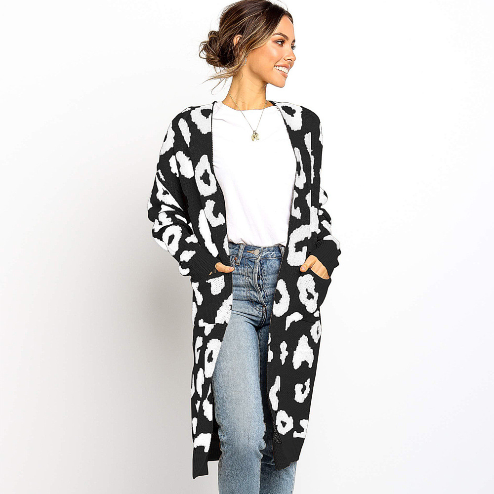 Long Sleeve Knitted Cardigan Mid Length Leopard Print Cozy Fabric Fall Winter Fashion for Women Wholesale Available