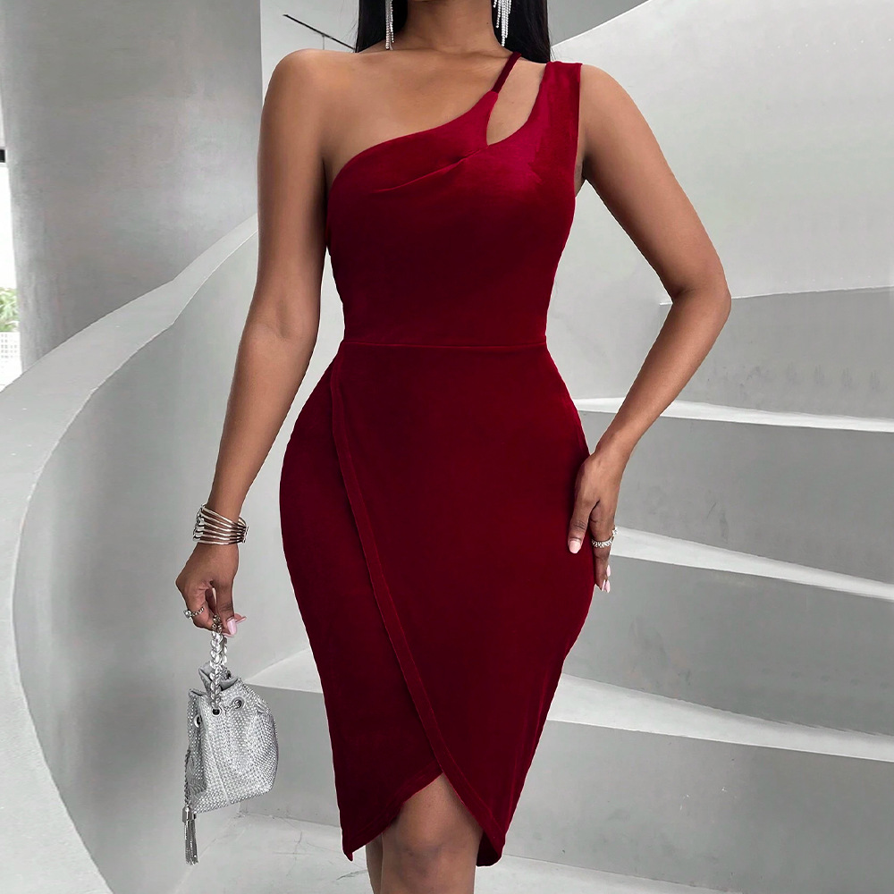 Velvet Slim Fit One Shoulder Bodycon Dress