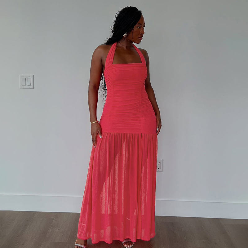 Fashionable Women's Backless Ruffled Layered Dress with Halter Neck for Cross Border Fall Collection, Sexy Slim Fit Design