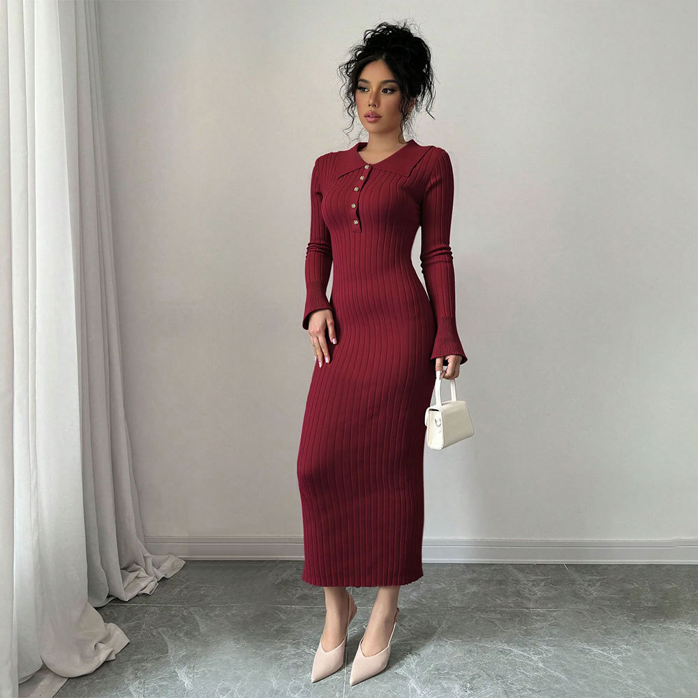 TK Autumn Winter Pure Desire Style Sexy Slimming Round Neck Long Sleeve Knitted Bodycon Dress