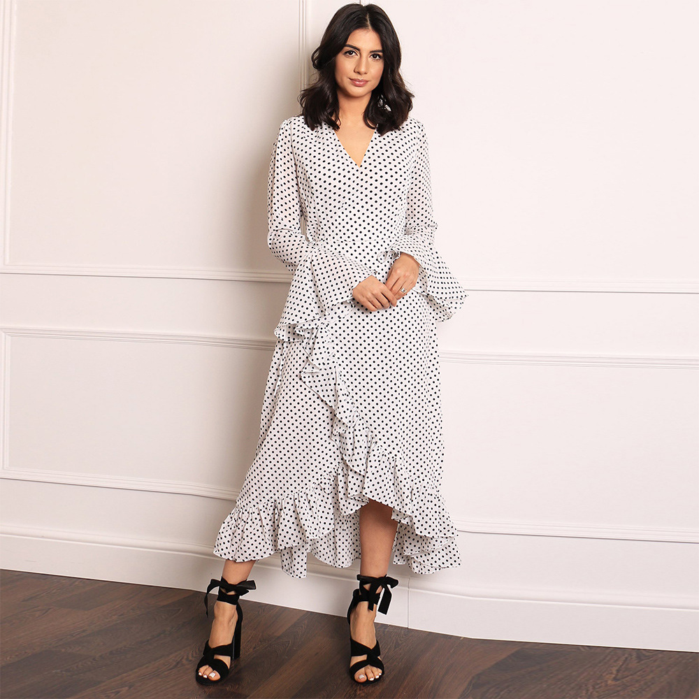 Polka Dot Ruffle Hem Midi Dress Womens Spring Summer Fashion Elegant Casual Wear Wholesale Available