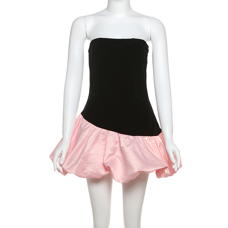 European and American Cross border Autumn and Winter New Women's Fashion Sexy Strapless Backless Color blocking Puff Skirt Slim Dress