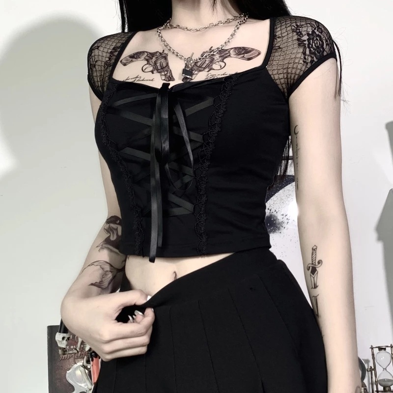 Lace Panel Short Sleeve Top Sexy Street Style Square Neck Slim Fit Womens Fashion for Casual Outings Wholesale