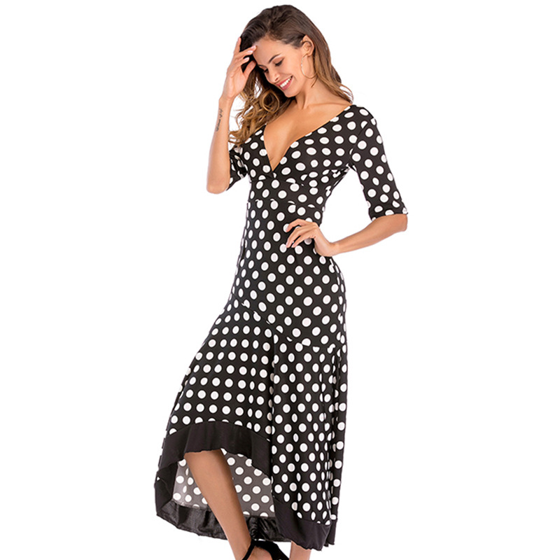 Polka Dot Deep V Midi Dress Slim Fit Elegant Style Perfect for Spring Wholesale Available factory direct