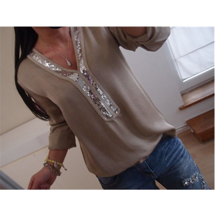 Casual Womens T Shirt Solid Color V Neck Sequin Detail Long Sleeve Plus Size Everyday Wear Wholesale Available