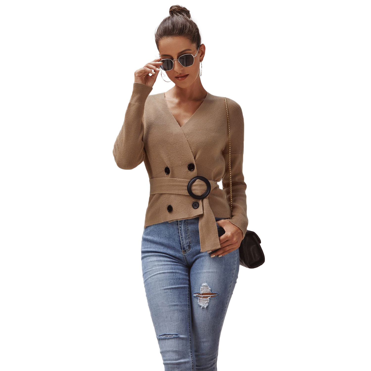 Double Breasted Waist Tie V Neck Long Sleeve Knit Sweater Womens Autumn Winter Fashion Cozy and Stylish Wholesale