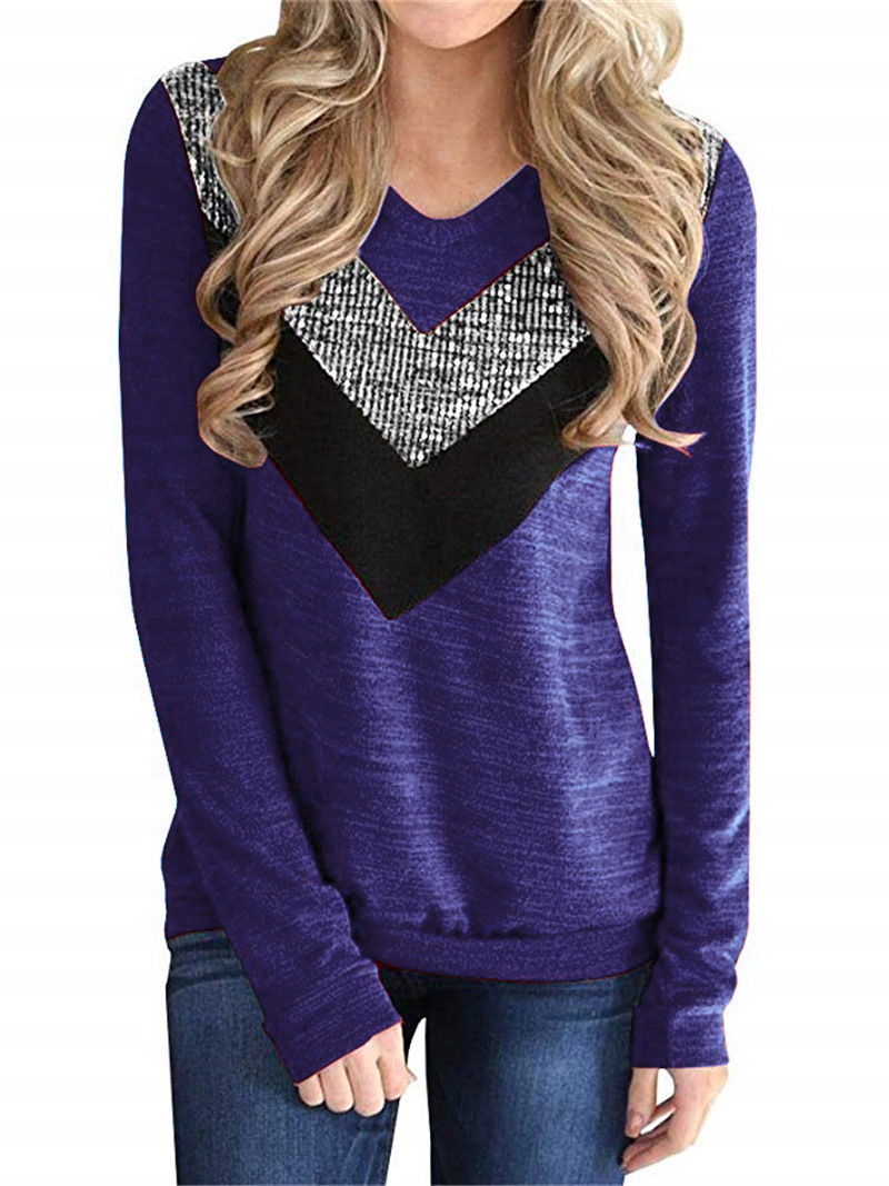 Womens Autumn Winter Long Sleeve T Shirt Sequin Patchwork Comfortable Fabric Stylish Design Casual Wear Wholesale