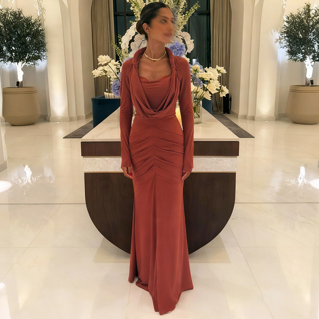 European and American Cross border New Autumn and Winter Women's Fashion Elegant High Neck Solid Color Slim Long Dress