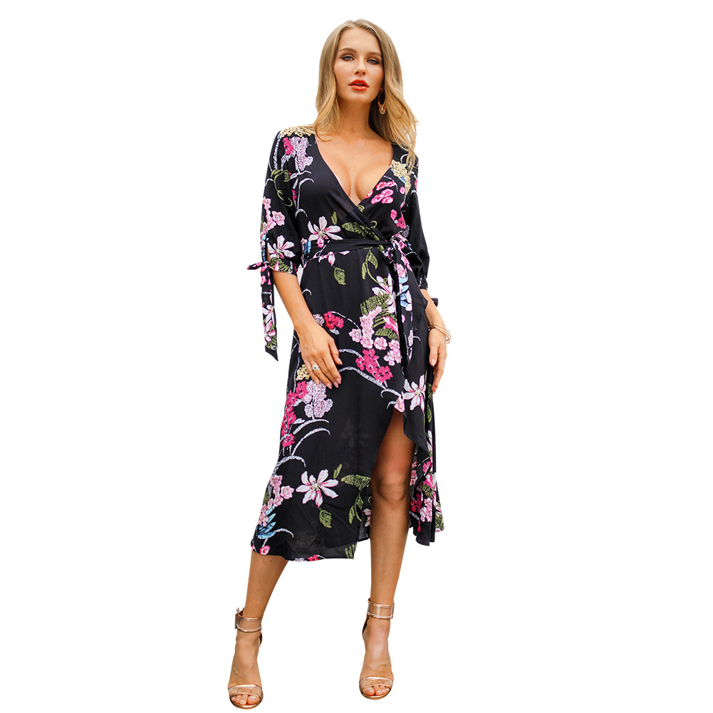 Floral Print V Neck Midi Dress Short Sleeve Spring Summer Style Perfect for Casual Outings Wholesale Available