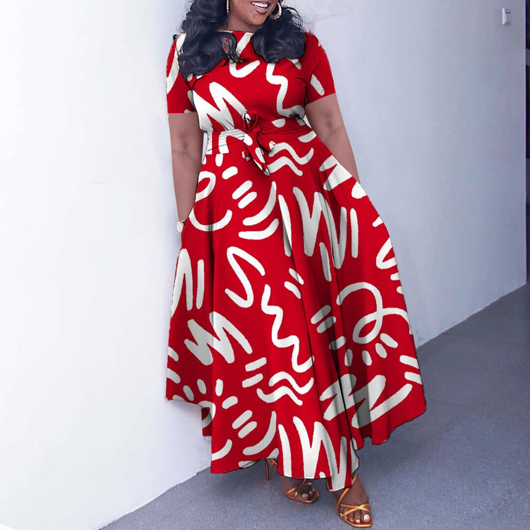 Fashionable Plus Size Short Sleeve A Line Dress with Tie for Women, Trendy African Style, Perfect for Cross Border Trade