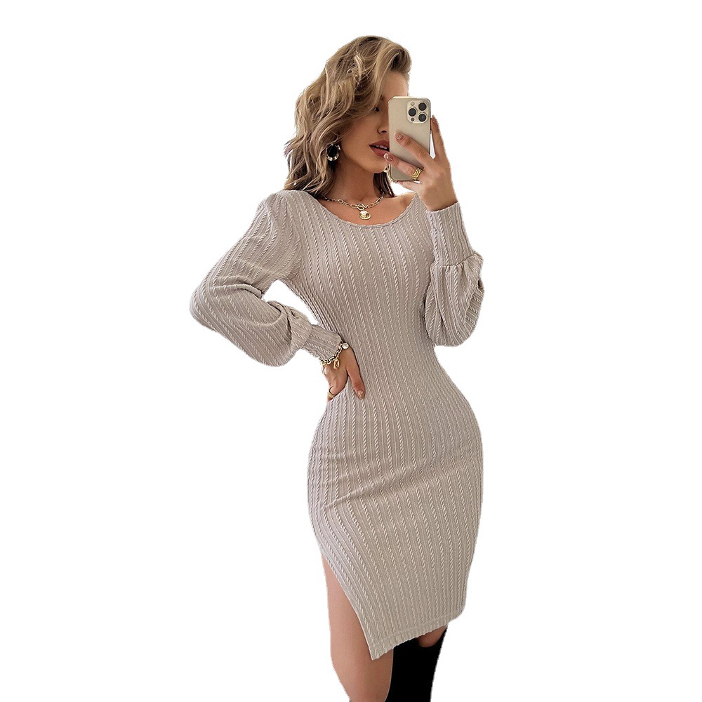 Sexy Backless Lace Splicing Waist Slim Hip Textured Knit Long Sleeve Dress