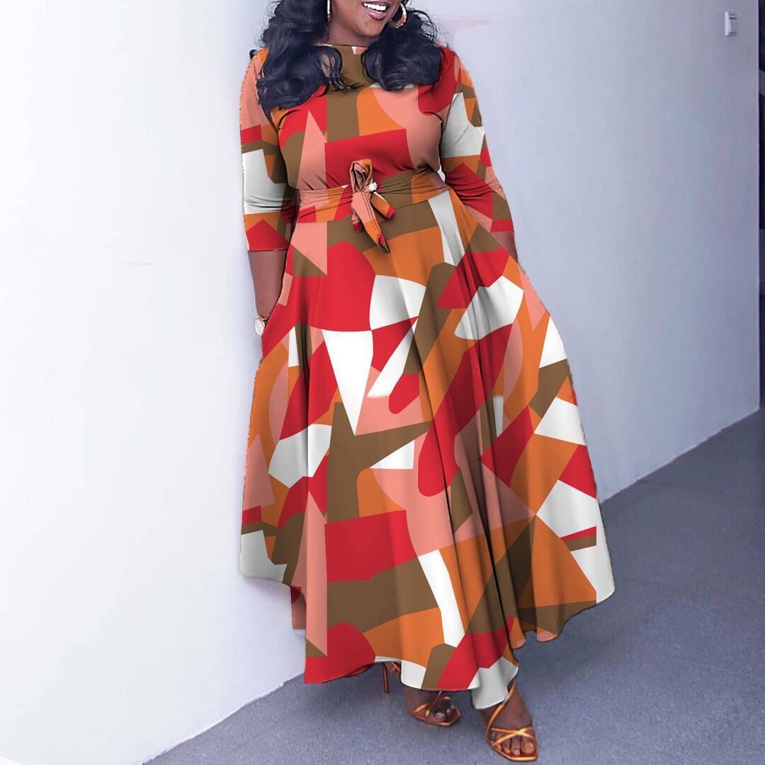 Plus Size African Dress — Fashionable Floral Print, Tie Neck, Flared Hem — Spring Summer Style — Wholesale Supply Terms