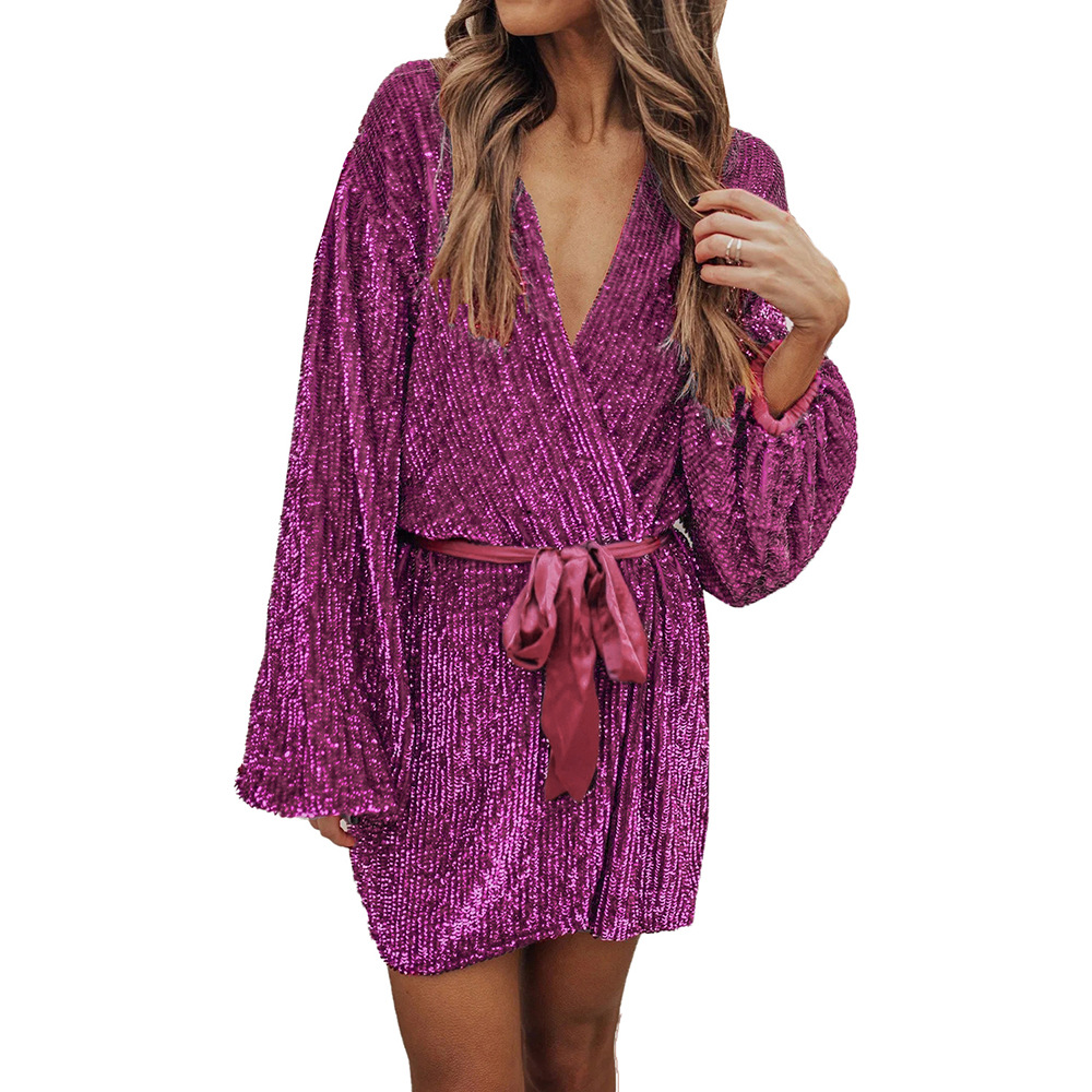 Sequin Mini Dress V Neck Long Sleeve Sparkling Design Spring and Autumn Fashion Wholesale Available